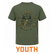 Youth olive heather short-sleeve Los Cazadores T-shirt displayed on an invisible ghost mannequin from the back against a white background. Features a large Los Cazadores deer contest graphic with antlers and vintage-style typography centered across the upper back.