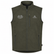 Front view of a Pnuma Beluga Grey softshell vest displayed on a ghost mannequin against a white background, featuring a white embroidered Los Cazadores antler logo on the left chest, Pnuma logo on the right chest, full front zipper, zippered chest pocket, and dual hand pockets.