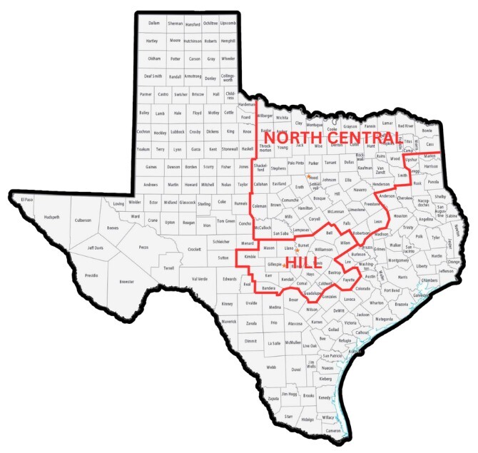 Map of Texas counties with the North Central and Hill Country division boundaries outlined in red