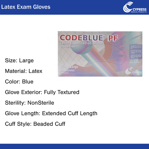 CodeBlue® PF Latex Extended Cuff Length Exam Glove, Large, Blue