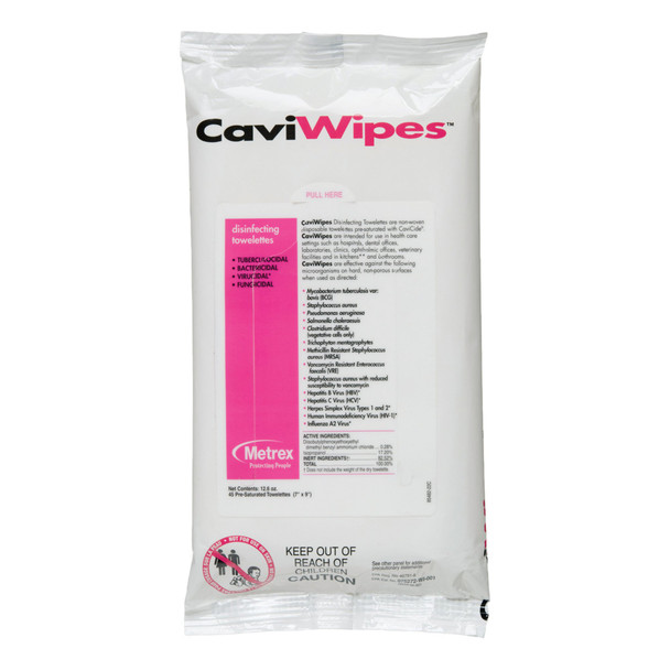 Metrex CaviWipes Surface Disinfectant Alcohol-Based Wipes, Non-Sterile, Disposable, Alcohol Scent, Soft Pack, 7 X 9 Inch