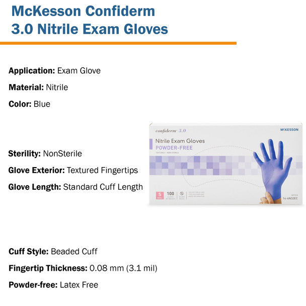 McKesson Confiderm® 3.0 Nitrile Exam Glove, Small, Blue