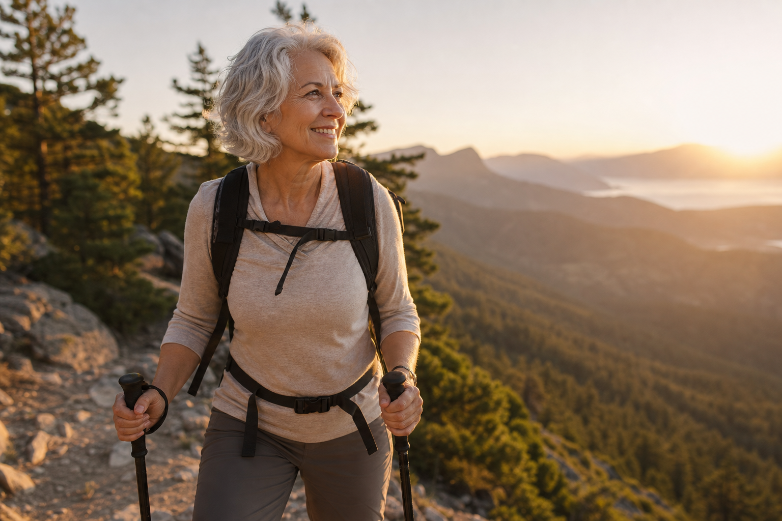 Active Ager — woman hiking at sunrise