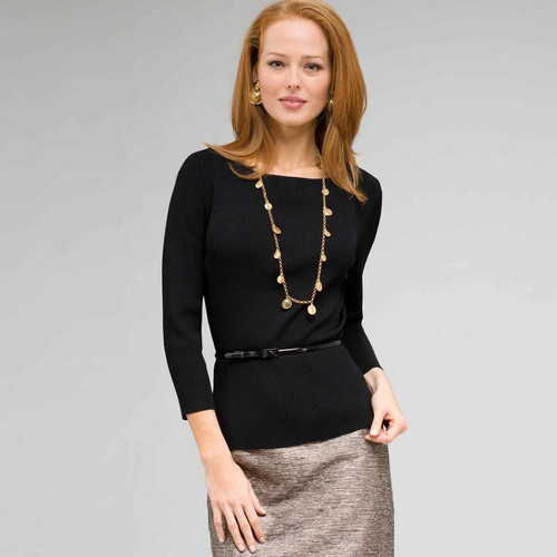 Belted Ribbed Boat Neck Sweater