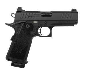 Close-up of DLC-coated 4-inch barrel and curved trigger on Staccato C Close-up of DLC-coated 4-inch barrel and curved trigger on Staccato C