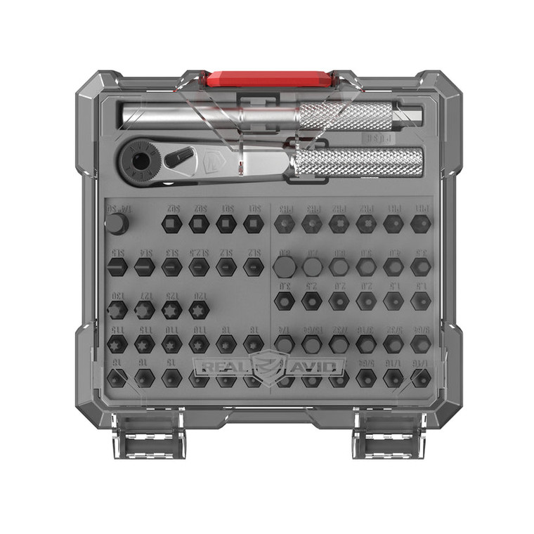 eal avid x3 driver 57 piece gunsmithing set
gunsmith screwdriver bit kit with ratchet handle
firearm maintenance tool set bits and driver
x3 driver t handle ratchet detail close up
scope mount tool kit bits organized case
real avid bit set hex torx screwdriver kit
gunsmith tool kit portable storage case