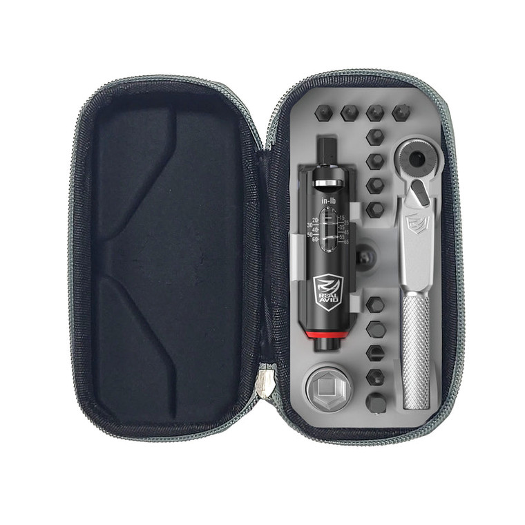 real avid smart torq x3 driver kit
scope mount torque wrench bit set
x3 driver ratchet t handle detail
firearm maintenance torque tool kit case
adjustable torque limiter close up
optics mounting tool kit bits and driver