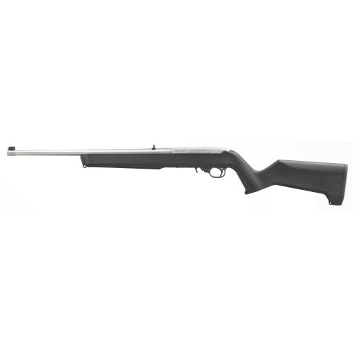 Ruger 10/22 semi-automatic rifle chambered in .22 LR with black Magpul MOE X-22 stock, 18.5-inch barrel and satin silver finish – right-side profile.