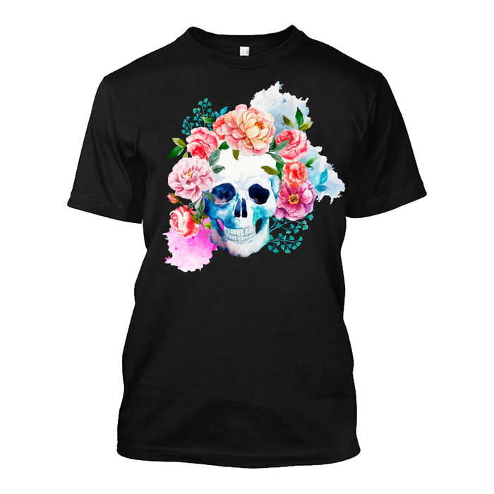 Men's Watercolor Skull With Flowers - Tshirt