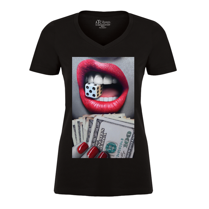 Women's Red Lips Biting A Dice - Tshirt