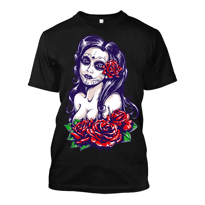 Men's Sugar Skull Face & Roses - Tshirt