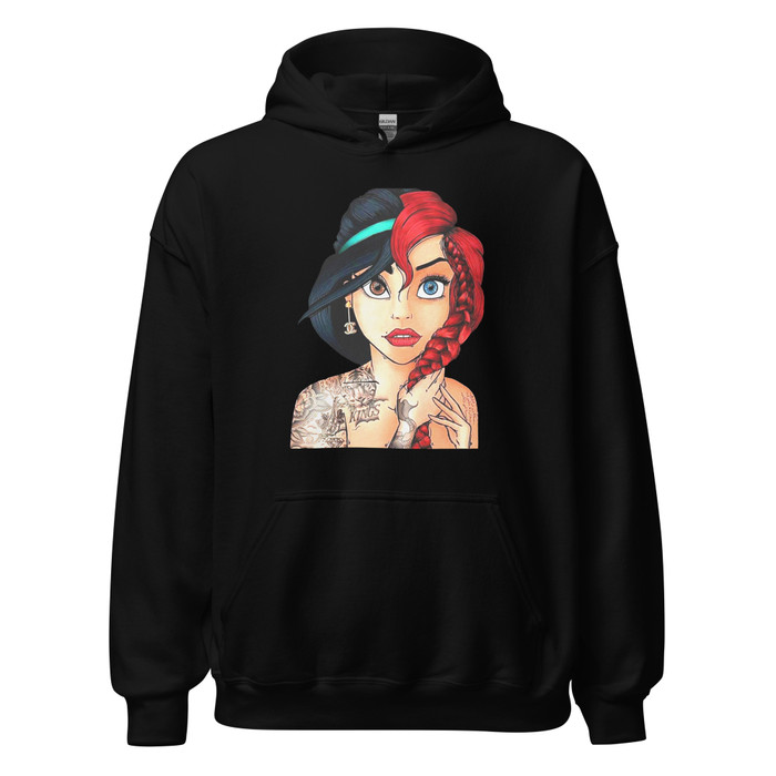 Unisex Princess Jasmine And Ariel Disney Tattooed Characters - Black Hoodie
