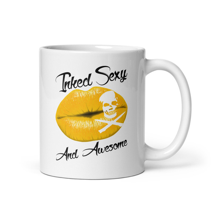 Inked Sexy And Awesome (Gold Lips) - White Glossy Mug