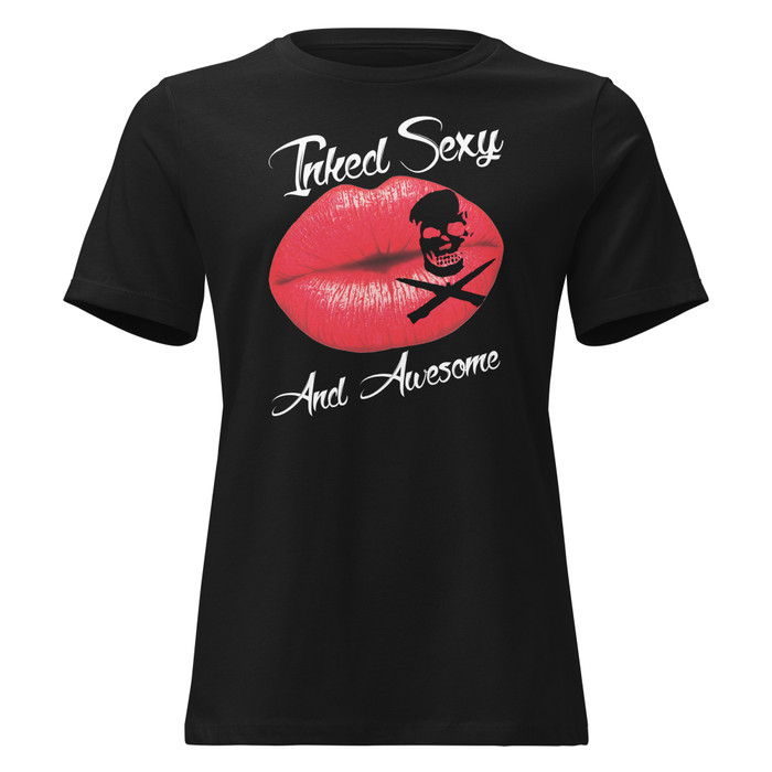Women's Inked Sexy And Awesome (Red Lips) - Black Shirt