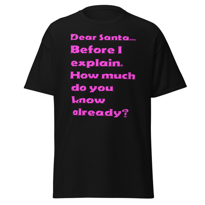Unisex Dear Santa... Before I Explain. How Much Do You Know Already? - Shirt (Pink Print)