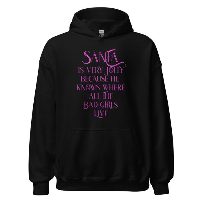 Unisex Santa Is Very Jolly Because He Knows Where All The Bad Girls Live - Hoodie (Pink Print)