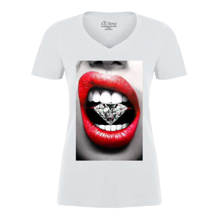 Women's Red Lips Biting Diamonds - Tshirt