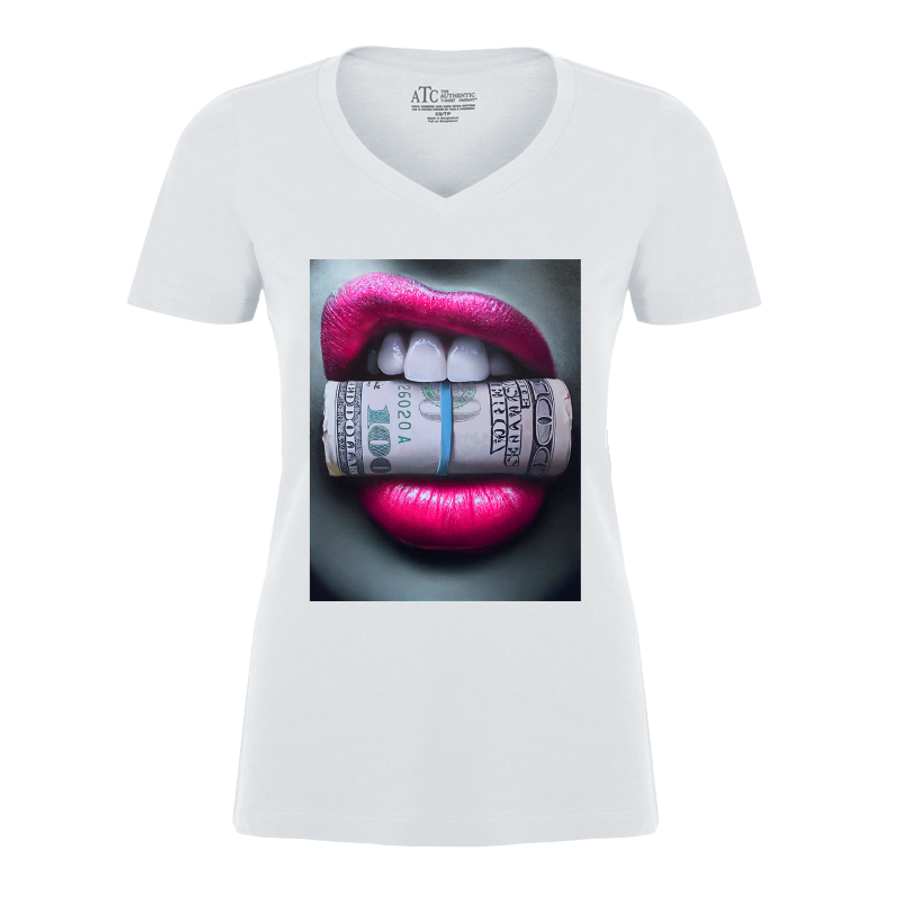 Women's Pink Lips Biting Money - Tshirt
