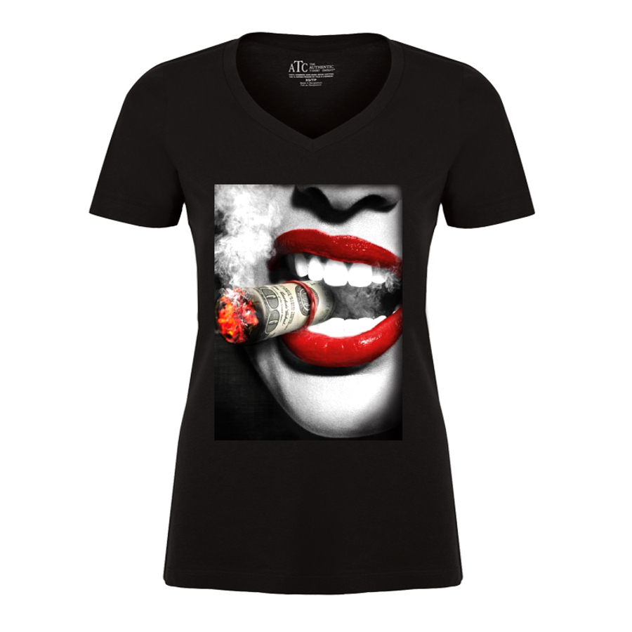 Women's Red Lips Biting A Cigar - Tshirt