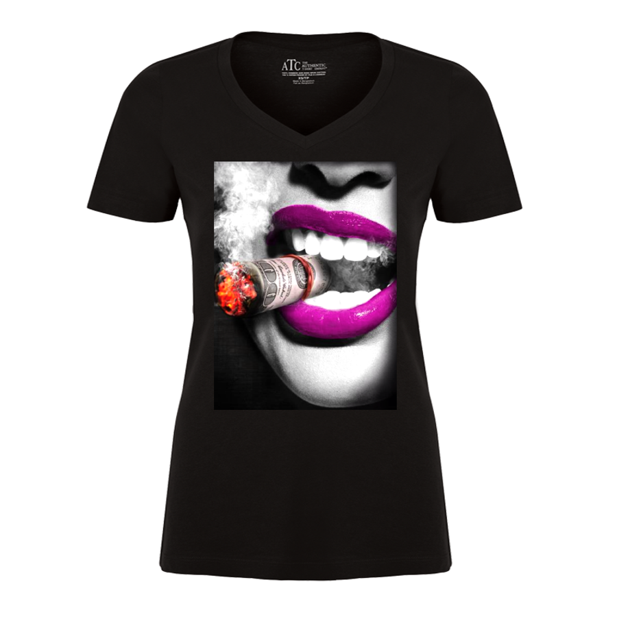 Women's Pink Lips Biting A Cigar - Tshirt