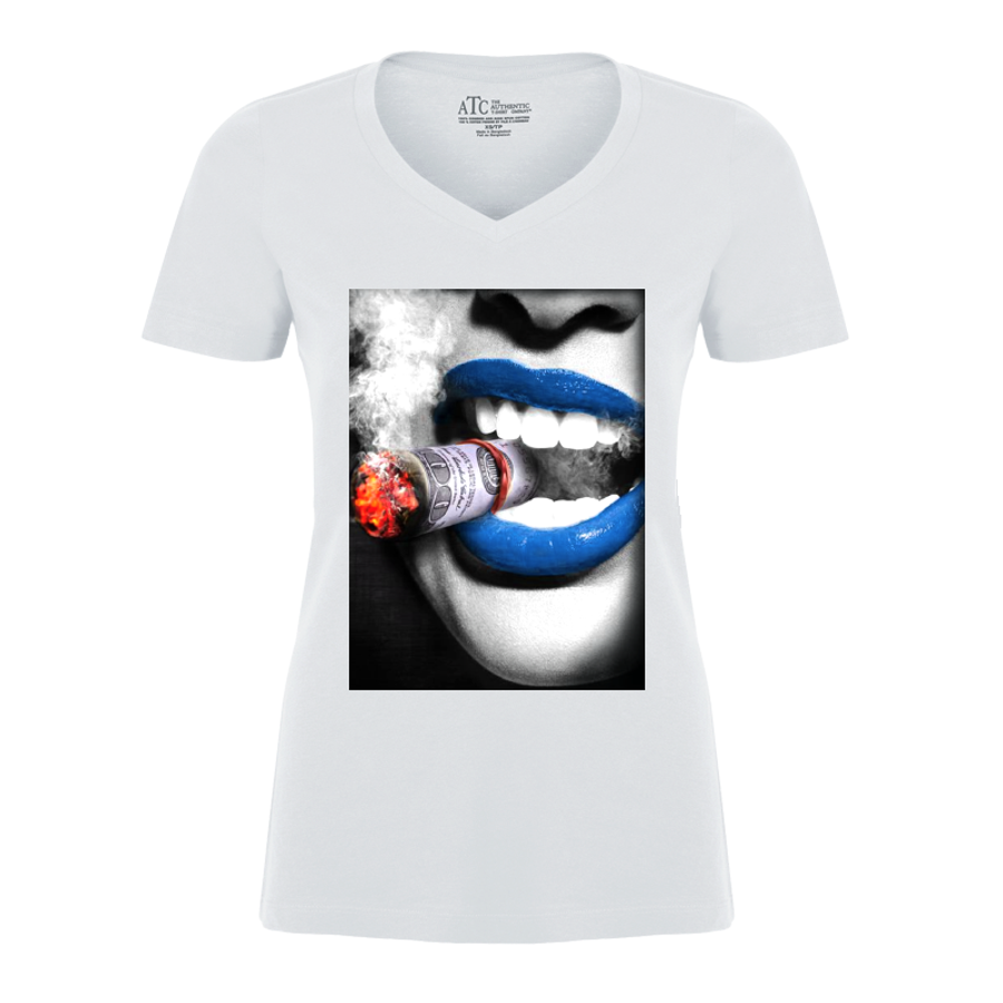 Women's Blue Lips Biting A Cigar - Tshirt