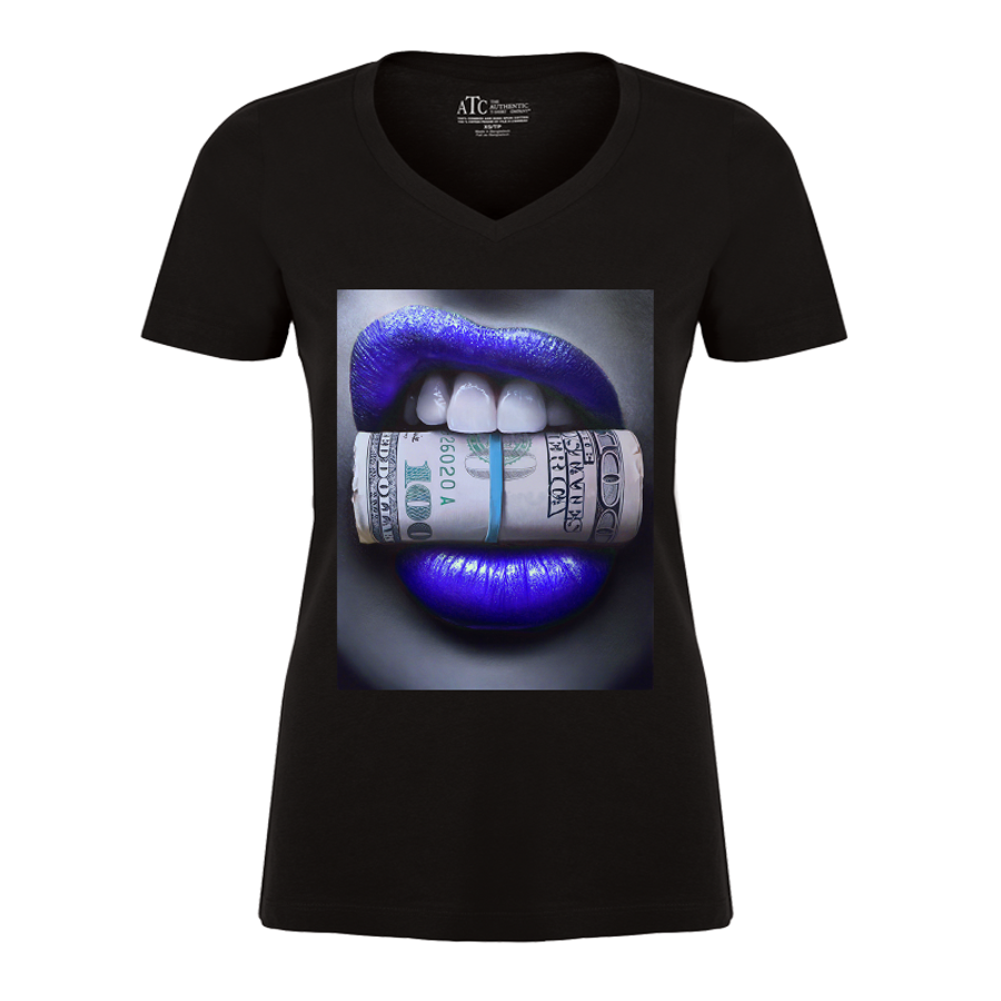 Women's Blue Lips Biting Money - Tshirt