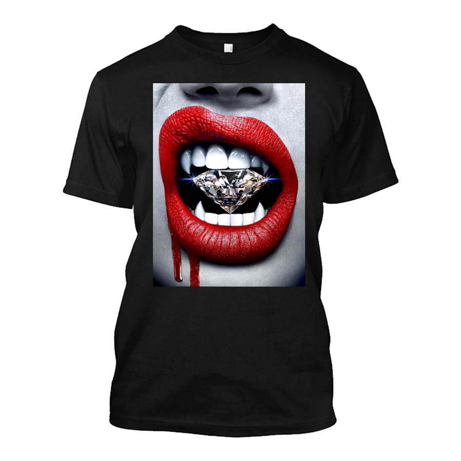 Men's Red Lips Vampire Biting Diamond - Tshirt