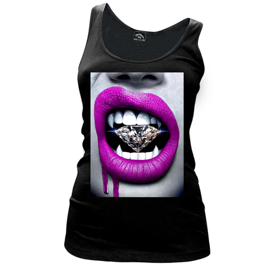 Women's Pink Lips Vampire Biting Diamond - Tank Top