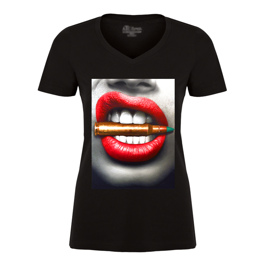 Women's Red Lips Biting Bullet - Tshirt