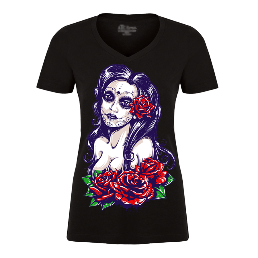 Women's Sugar Skull Face & Roses - Tshirt