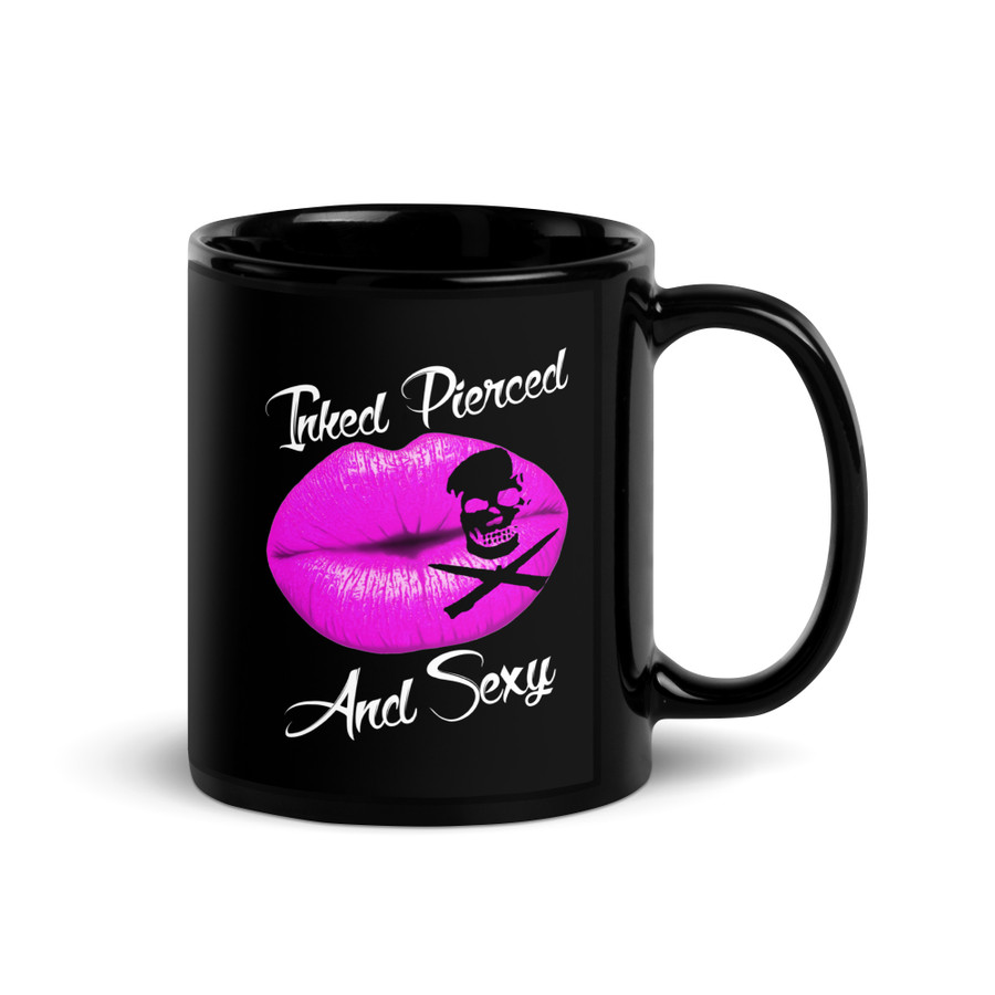 Inked Pierced And Sexy (Pink Lips) - Black Glossy Mug