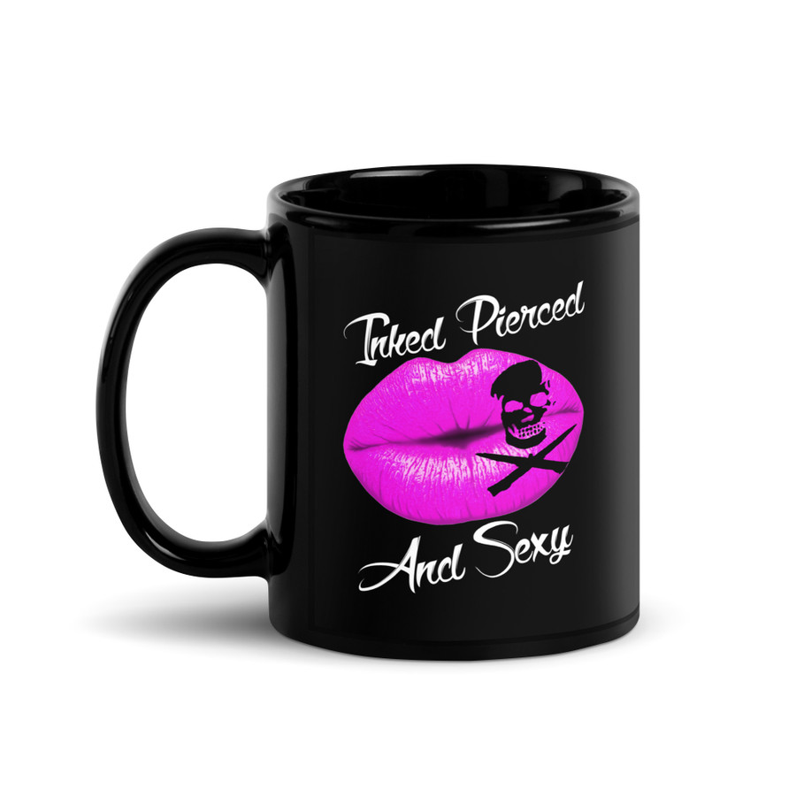Inked Pierced And Sexy (Pink Lips) - Black Glossy Mug