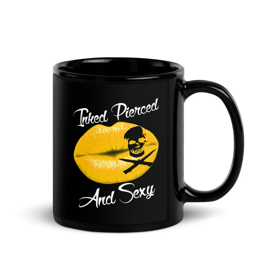 Inked Pierced And Sexy (Gold Lips) - Black Glossy Mug
