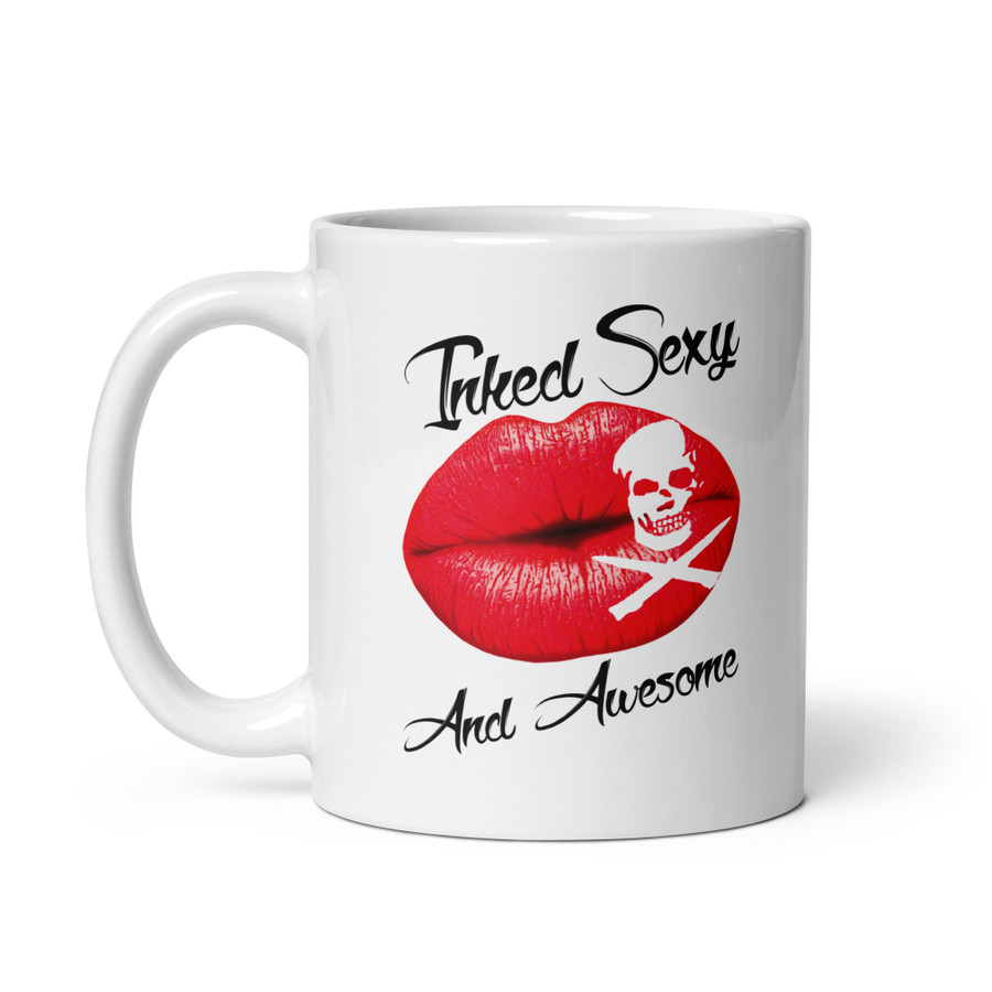 Inked Sexy And Awesome (Red Lips) - White Glossy Mug