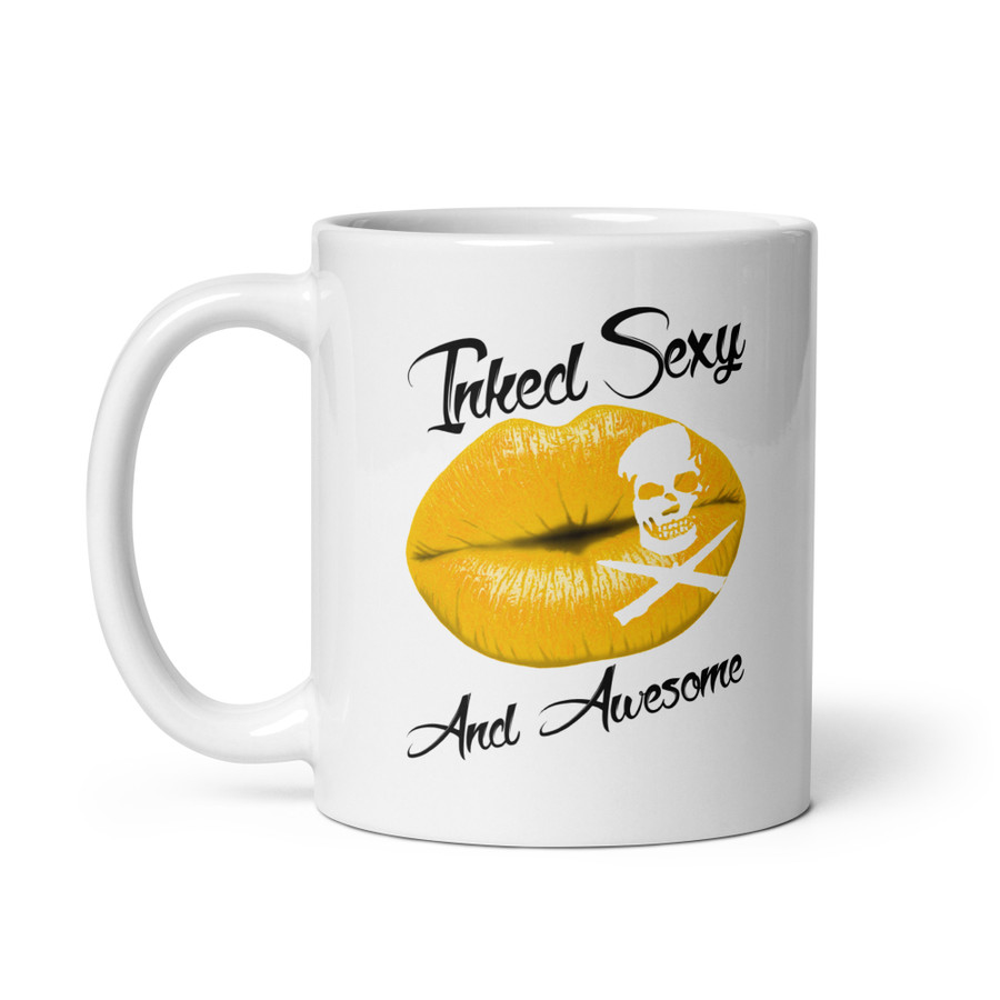 Inked Sexy And Awesome (Gold Lips) - White Glossy Mug