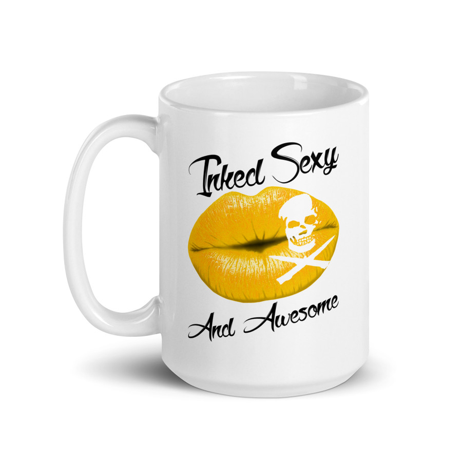 Inked Sexy And Awesome (Gold Lips) - White Glossy Mug