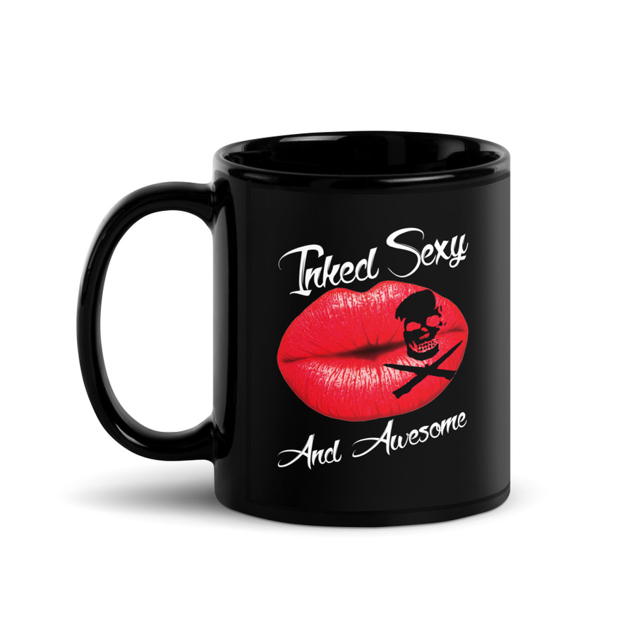 Inked Sexy And Awesome (Red Lips) - Black Glossy Mug