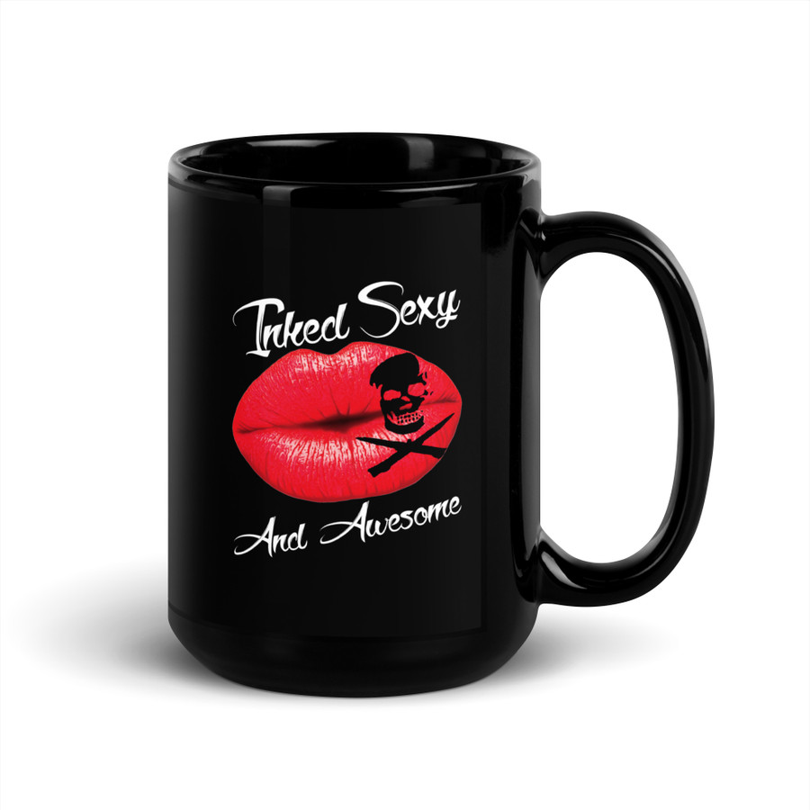 Inked Sexy And Awesome (Red Lips) - Black Glossy Mug