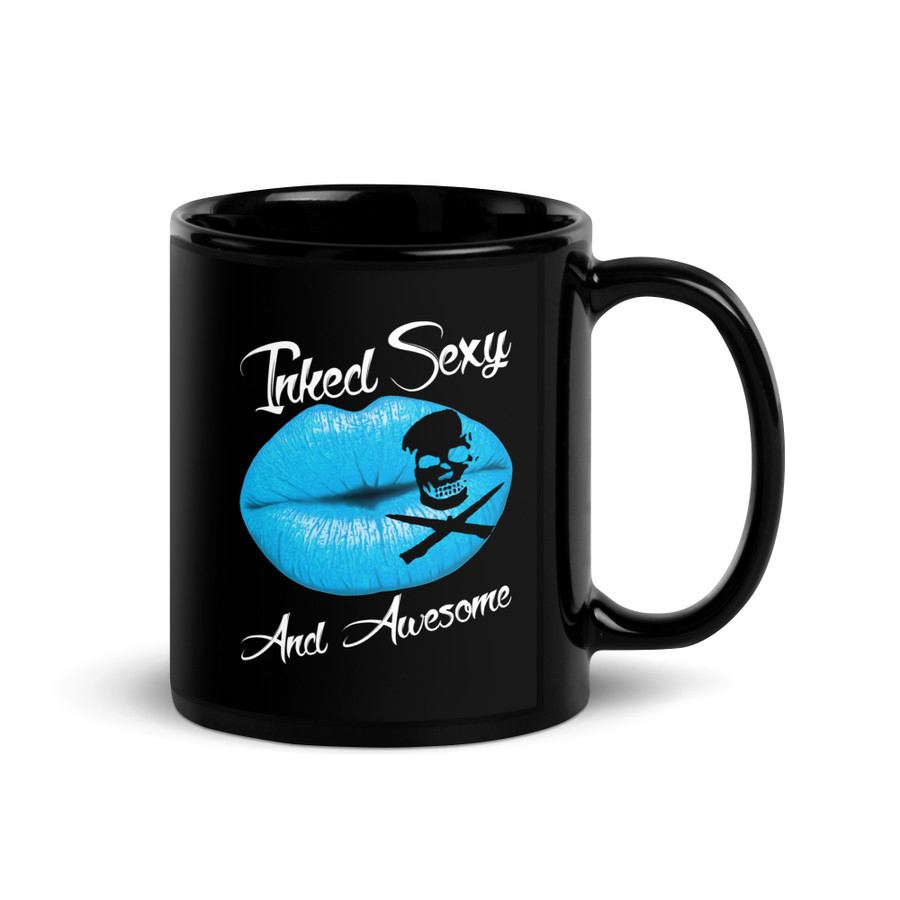 Inked Sexy And Awesome (Blue Lips) - Black Glossy Mug