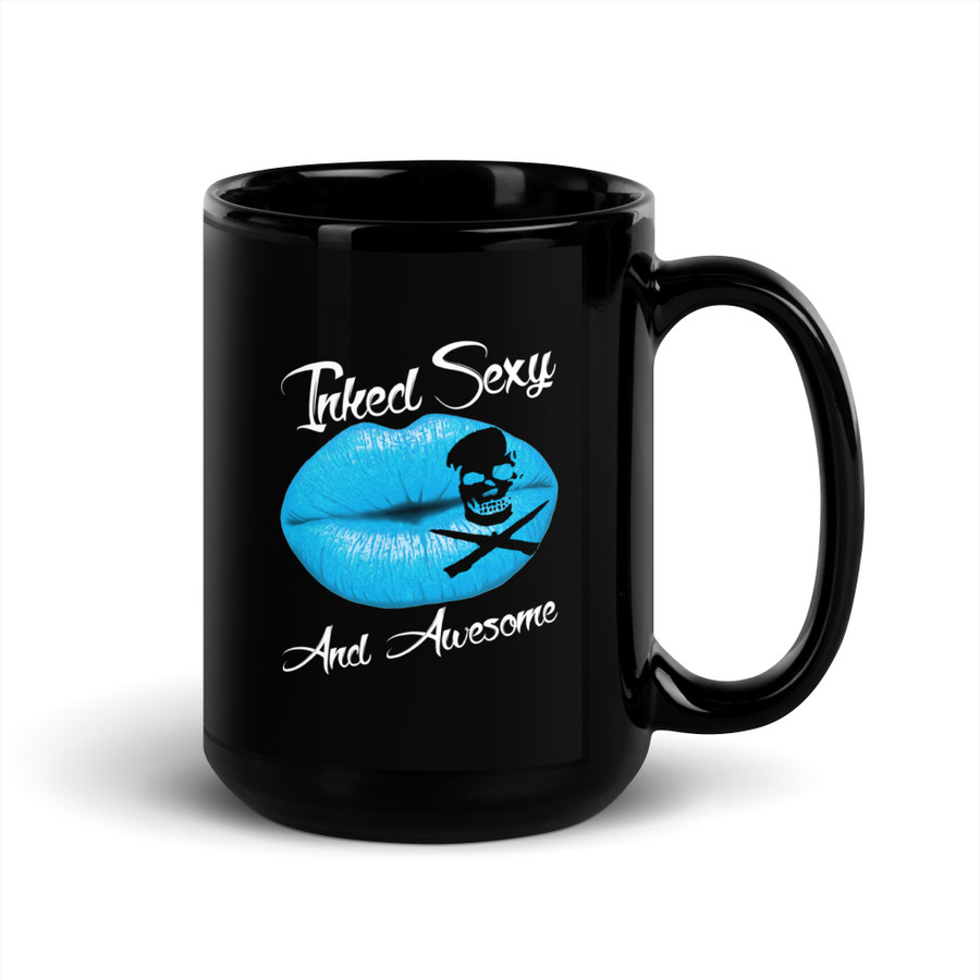 Inked Sexy And Awesome (Blue Lips) - Black Glossy Mug