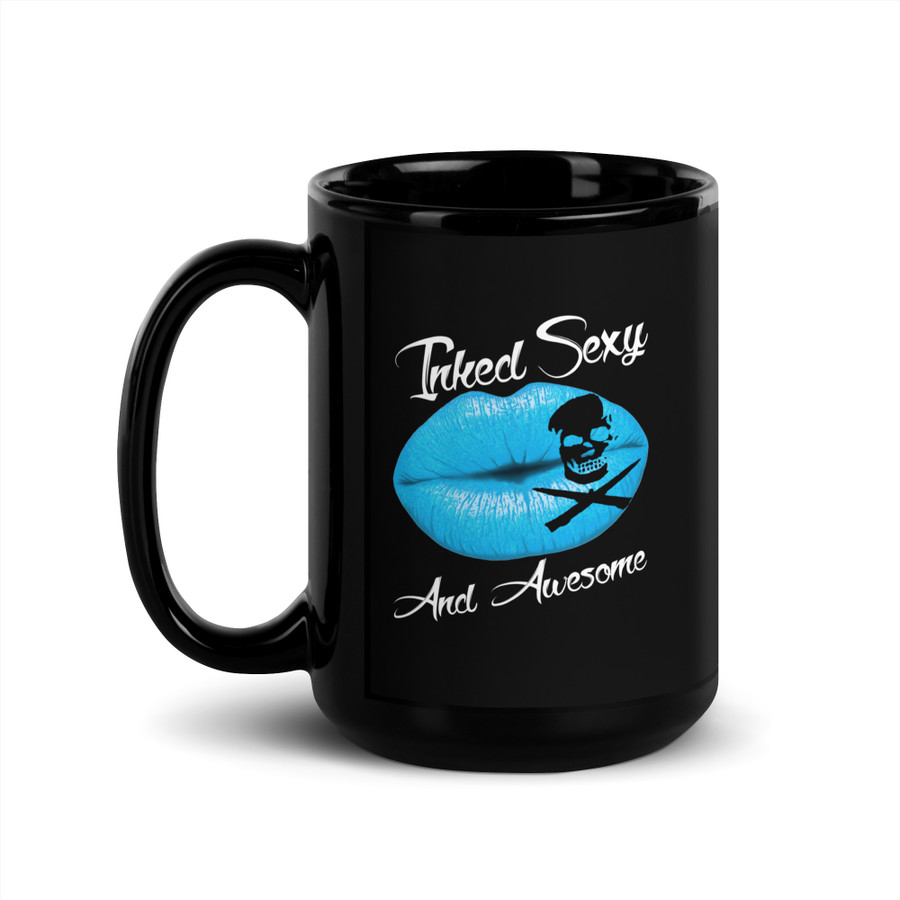 Inked Sexy And Awesome (Blue Lips) - Black Glossy Mug