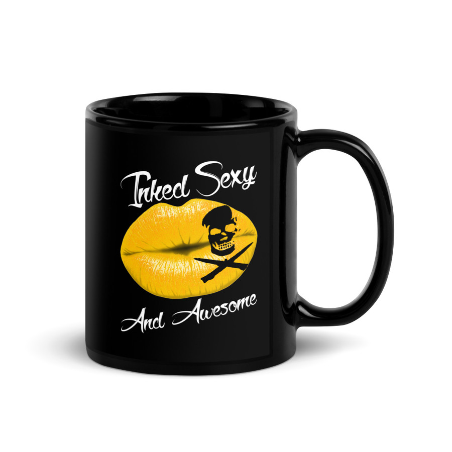 Inked Sexy And Awesome (Gold Lips) - Black Glossy Mug