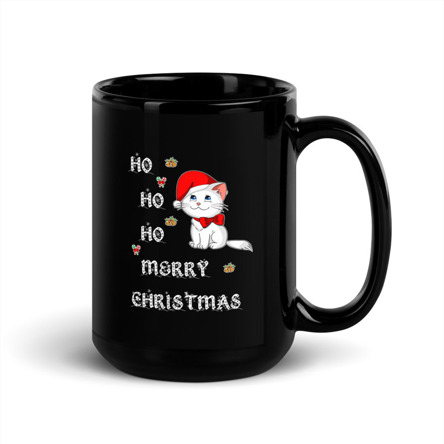 Ho Ho Ho Merry Christmas (Cat) - Black Glossy Mug