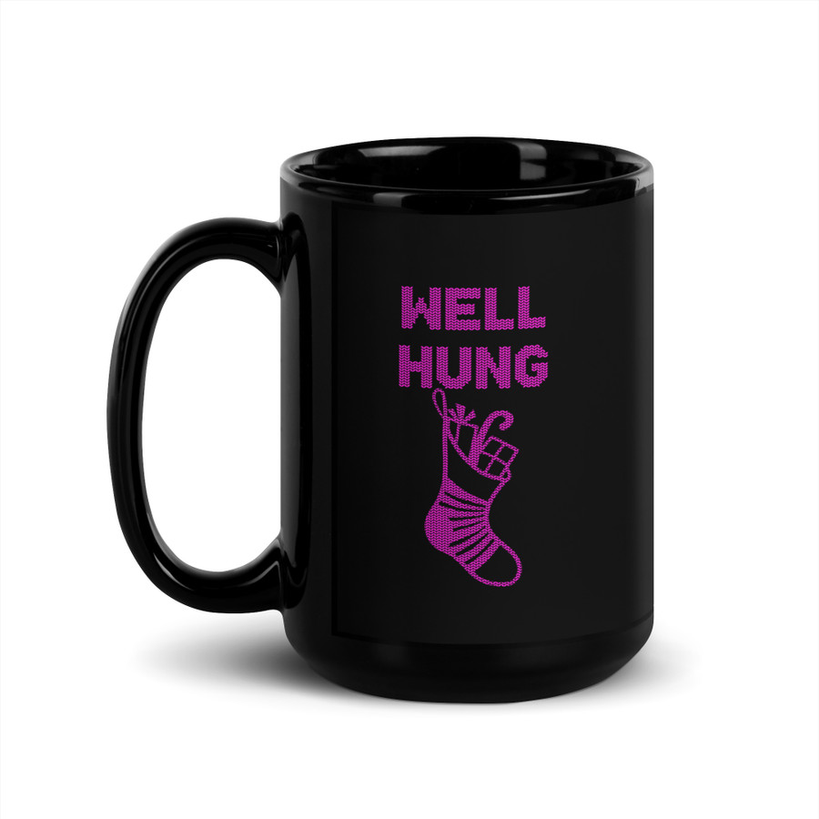 Well Hung - Black Glossy Mug (Pink Print)