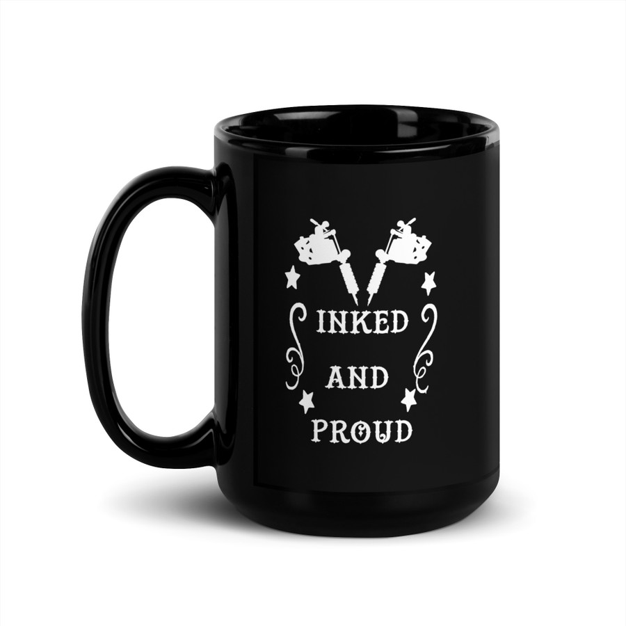 Inked And Proud - Black Glossy Mug (White Print)
