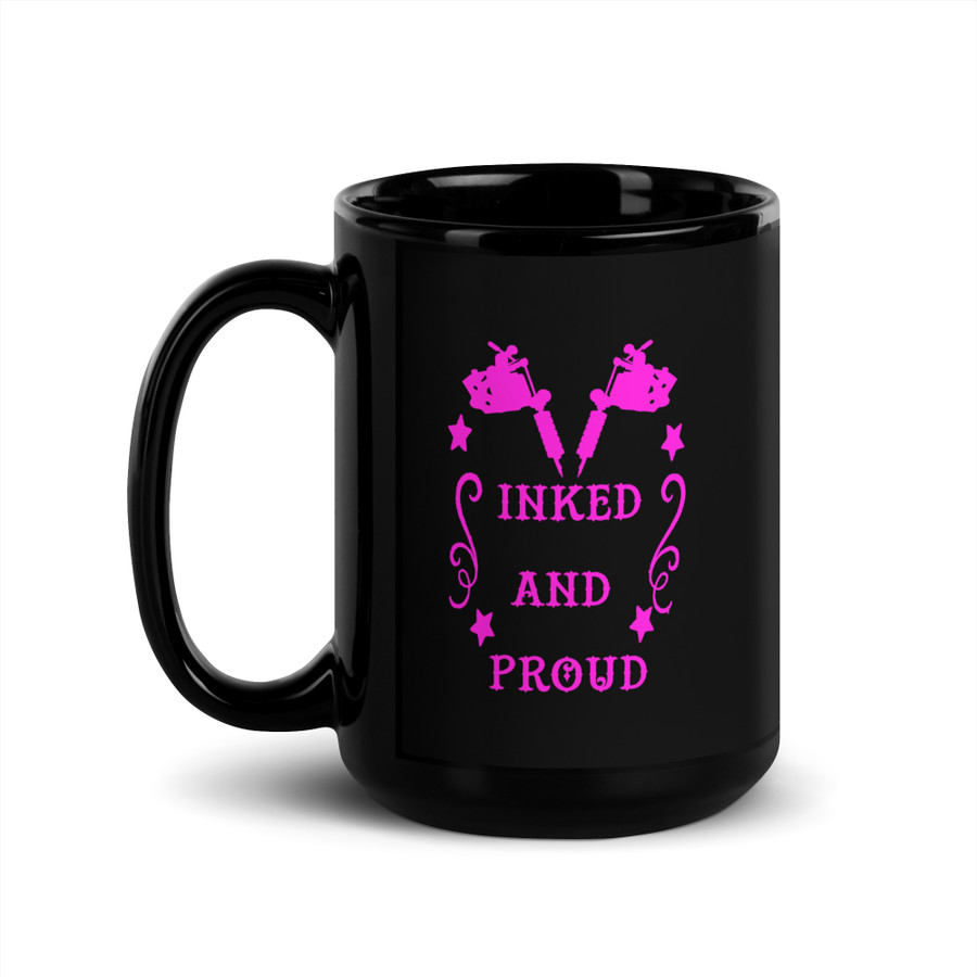 Inked And Proud - Black Glossy Mug (Pink Print)
