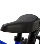 Up close view of the Strider Performance Seat assembled on a blue 12 Sport balance bike