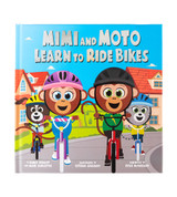 Mimi and Moto Learn to Ride Bikes book front cover with 2 monkeys on Strider Bikes.