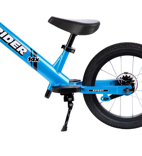 Close up of a blue 14x bike, highlighting the kick stand