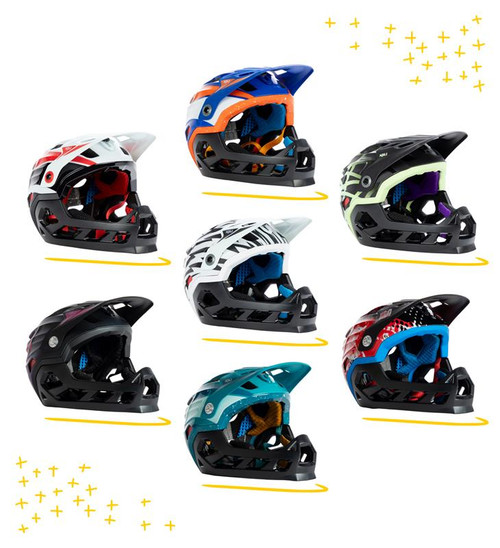 Maya Full Face Helmets for kids featuring all four color options and fun yellow doodles for emphasis.